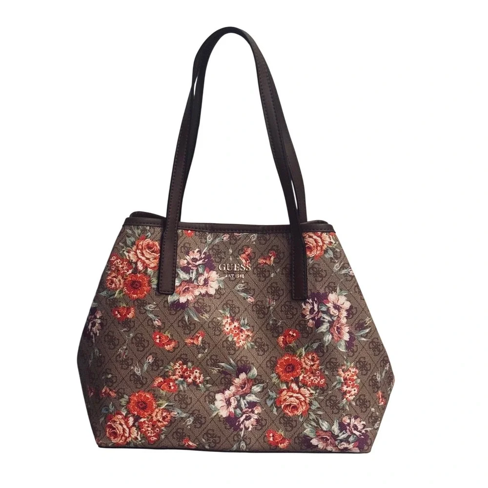 Guess Vikky floral Monogram‎ Tote Bag Brown Rose Print FL699523 11x13x6
